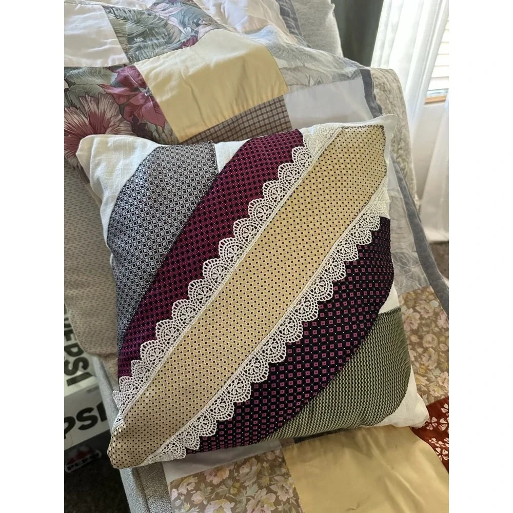 Vintage Necktie Patchwork Pillow Silk-Feel Menswear‎ Accent Cushion Lace Trim